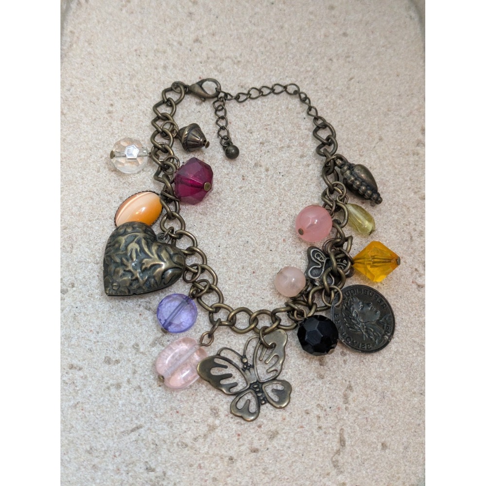 Whimsical Charm Bracelet In Antiqued Bronze Tone Butterfly Heart Beaded Fairy